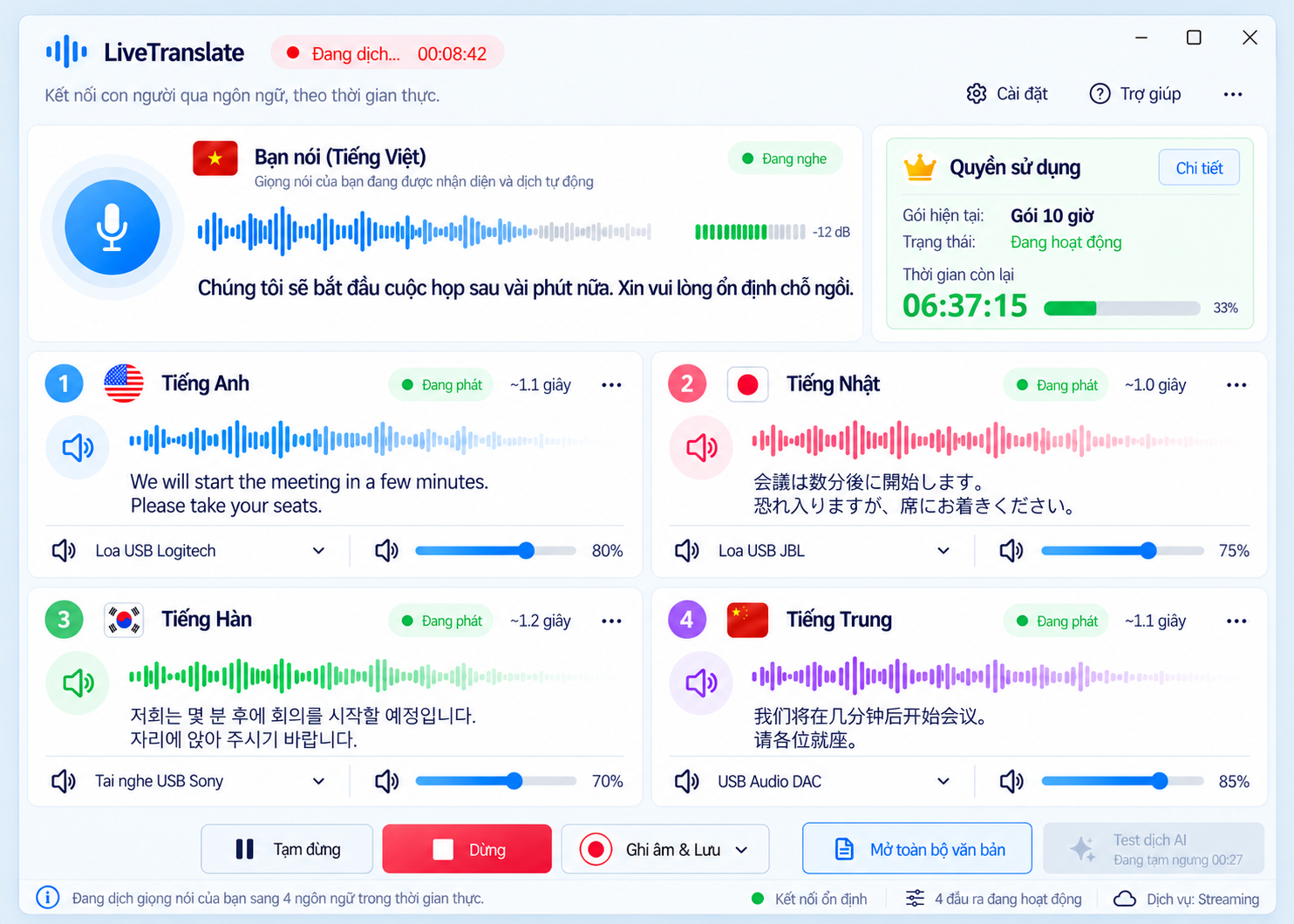 Giao diện ứng dụng LiveTranslate với bốn ngôn ngữ đầu ra