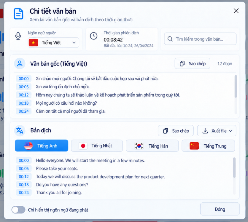 Cửa sổ chi tiết văn bản LiveTranslate